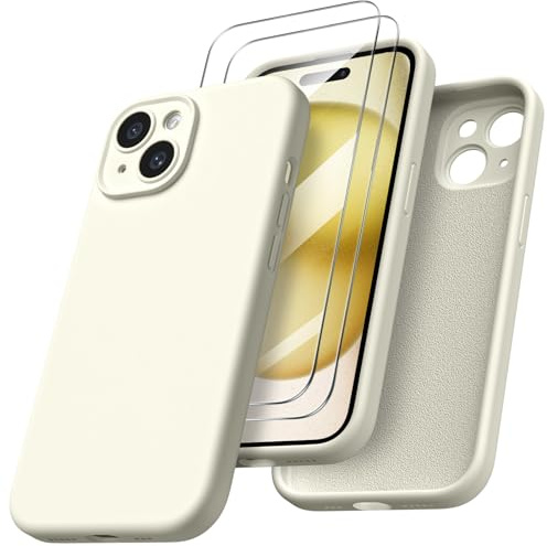 ORNARTO Compatible with iPhone 15 Case 6.1 inch, with 2 Screen Protector Liquid Silicone Gel Rubber Cover [Full Body] Shockproof Protective iPhone Case for iPhone 15-Starlight