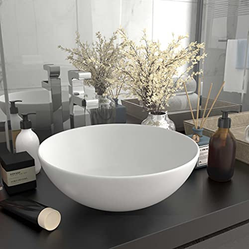 HIGSOSE Lavandino da Bagno in Ceramica Opaco Rotondo Lavabo da Esterno Lavatoio Ceramica Lavabo da Appoggio Lavandino da Appoggio Arredo Bagno Lavabo Appoggio Bianco Lavatoio da Esterno
