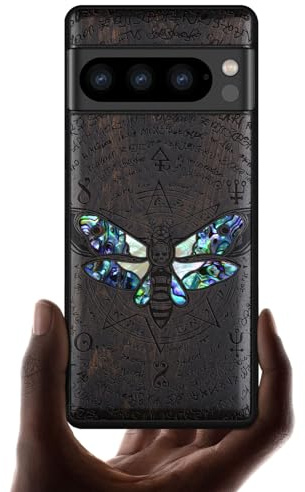 Carveit Handcrafted Case for Pixel 8 Pro (Death Head Moth-Blackwood) | Google Pixel 8 Pro Cover, Wood Engraved & Shell Inlaid, TPU Shockproof Bumper, Wireless Charging Compatible