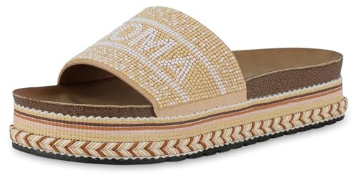 VAN HILL Damen Pantoletten Plateau Prints Trendy Schuhe 215054 Beige 40