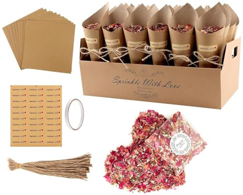 Konfetti Hochzeit Kegel,Hochzeit Kraftpapier Kegel, 30 Stück Vintage Konfetti Kegel Mit Kegelhalter,100g Natürliche Rosenblätter Getrocknet