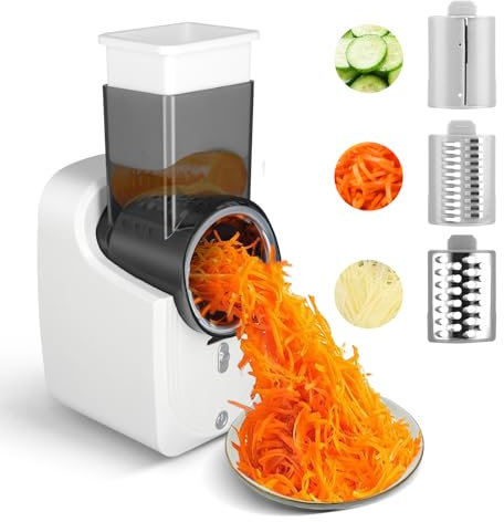 Electric Cheese Grater, Automatic Multi Grater, Professional Chopper Slicer with 3 Types Slice, Detachable Fruit Cutter, Kitchen Electric Slicer for Cheese Vegetables Fruits (White)