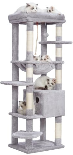 Heybly Kratzbaum, mit Decken, für große Katze, Katzenbaum, große Plattformen, Höhle, 50 x 50 x 153cm, Hellgrau HCT050W