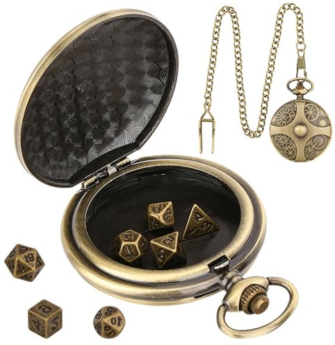 Qaestuan 1 Stück DND-Spielwürfel-Set, Metall Polyedrische Würfel mit Bronzefarbenen Taschenuhrgehäuse, Abnehmbar Mini Spielwürfel für Dungeon und Dragons, D&D, Rollenspiele, Brettspiele (Gold)
