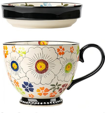 Dowbom Suppentasse mit Deckel, 500 ml Mikrowellen-Suppenschüssel, Keramik-Suppentasse, Frühstücksschale, Bouillon-Tasse (Blume-C, 500 ml)