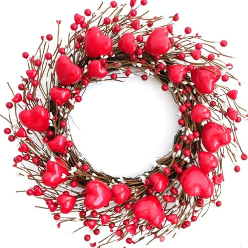 CIR OASES 18-inch Valentine's Day Wreath Handmade Red Heart Berry Wreath Valentine's Day Front Door Courtyard Fireplace Table Decoration Festival Party Wedding Decoration