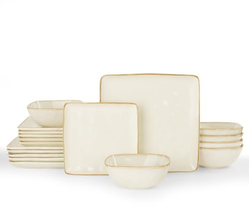 Richmount Steingut Geschirrset 6 Personen, Serie Ocean 18-tlg Quadratishes Geschirr Set, Teller Set Kombiservice Mit Reaktiver Glasur Essgeschirr, Kratzfestes Tafelservice Geschirrsets, Beige