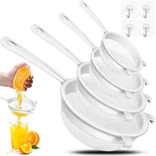 FSWWSF Juego de 4 coladores de doble oído, colador de plástico para cocina, con mango para verduras, frutas, café, zumo (40 mallas)