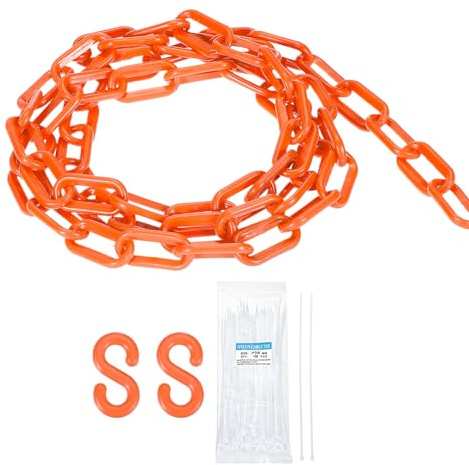 sourcing map Kunststoffkette, 3,1 m, Sicherheitskette, Orange, Kunststoff-Kettenglied-Barriere mit Kabelbindern und S-Haken für Menschenmengenkontrolle, Warteschlangenschnur, Zaundekoration