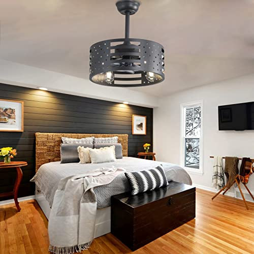 XFZJCHAP Ventilateurs de Plafond rétro avec lumières et télécommande, Ventilateurs de Plafond industriels en Cage en Fer avec Lampes, Silencieux, Moteur CC réversible à 6 Vitesses, Prise E14,
