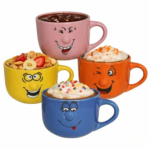 MundoTarros Set de 4 Tazas de Porcelana 420 ml - Diseño Divertido con Caritas en Colores Vibrantes - Ideales para Café, Té y Chocolate Caliente - Resistentes y Aptas para Microondas y Lavavajillas