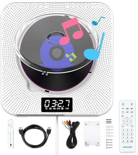 Wall Mountable CD Player, 10W Versatile Music System for DVD VCD CD HD-CD MP3 with Pull Switch and Remote Control, Dual Speaker Stereo, Bluetooth Record Player for Sports, Study, Work, Loop Play