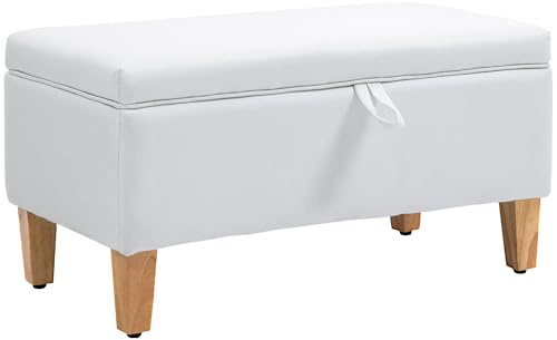 HOMCOM 30L Linen Storage Ottoman Padded Footstool with Rubberwood Legs for Storage Box, Bed End, Shoe Bench, Seating, Cream White