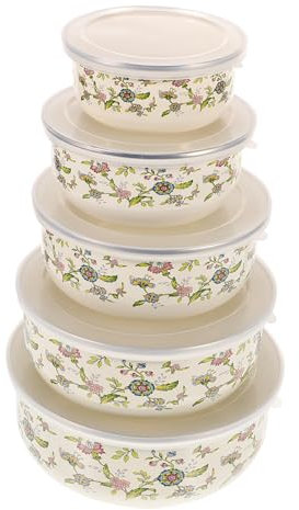 TOPBATHY 5pezzi Ciotole Smaltate con Coperchio Ciotole Impilabili per Servire e Conservare Adatte al Microonde per Insalata Zuppa Frutta e Mantenimento della Freschezza