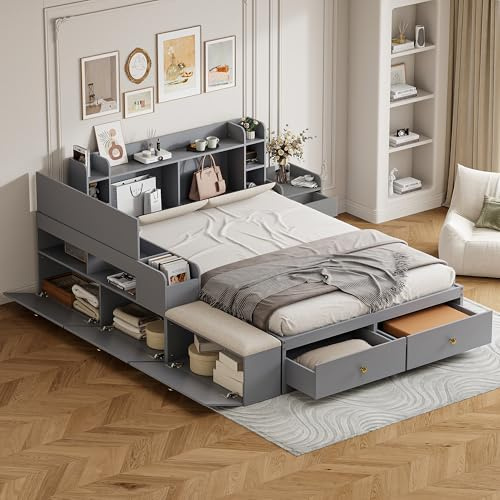 WIZBED Funktionsbett - Bett mit Schubladen - Doppelbett 140 x 200 cm - Nachttisch - Stauschrank- Sofabank-massivholz Stauraumbett - Inkl Lattenrost - Kombi-Bett, ohne Matratze (Grau, 140x200)