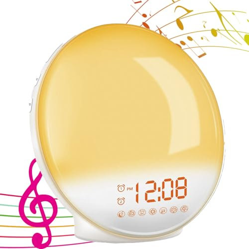 Sonnenaufgangswecker mit Wecklicht, 7 Naturgeräusche, FM-Radio, 20 Helligkeitsstufen, Schlummerfunktion, 10-120 Minuten Timer, für besseren Schlaf