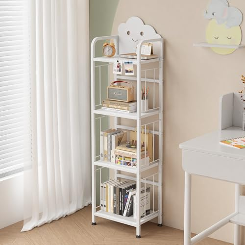 Ornestia Kinderregal Metall, 4 Etagen Bücherregal, Weiß | Aufbewahrungsregal für Kinder,Magnetische Buchstützen,Büro Arbeitszimmer
