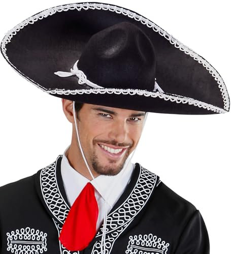 NET TOYS Mexikaner Sombrero - schwarz mit weißem Hutband, Einheitsgröße - Karnevalshut, Faschingshut
