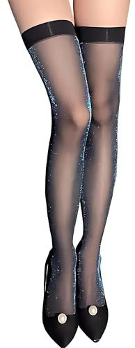 Mingnos Glitzer Halterlose Strümpfe für Damen Sexy Ölig Glänzend Oberschenkelhohe Strümpfe Overknees Netzstrümpfe Nylonstrümpfe Seidenstrümpfe für Partys Cosplay Auftritte Schwarz+Blau