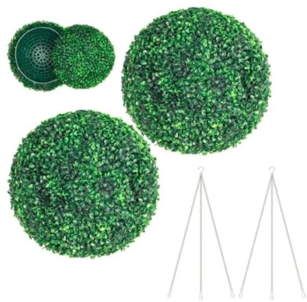 Kiswa collection Pack of 2 Round Topiary Balls Green 28cm - Artificial Plant Sphere Green Leaf Easy to Assemble Hanging Balls for Patio Garden Indoor And Outdoor