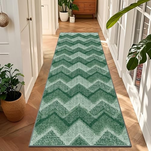 TUKDAK Boho Teppich Läufer Flur rutschfest 80x200cm, Grün Waschbar Teppichläufer Flur, Waschbarer Küchenläufer, Kurzflor Küchenteppich, Flurteppich Läufer Lang für Wohnzimmer Schlafzimmer Korridor