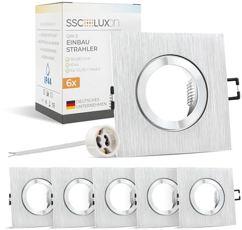 SSC-LUXon 6 Stück QW-2 Einbaustrahler eckig Alu gebürstet IP44 – quadratischer Spot mit GU10 Fassung – Einbauleuchte für Bad & Küche