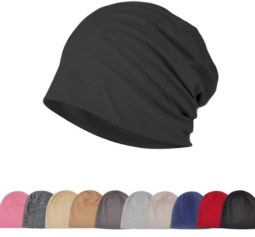 Djfkey Leichte Beanie-Mütze – Baumwoll-Kopfbedeckung, dünne Strickmütze: Chemo-Mütze für Herren und Damen ideal für Radsport, Unterziehen & Schlaf (DE/NL/SE/PL, Numerisch, 56, 60, Schwarz)