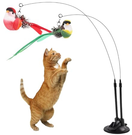 Générique Plumeau pour Chat - Bâton de Jeu à Ventouse | Jouet Interactif 2-en-1 Amovible avec Double Oiseau Gazouillant Simulé | pour Dentition, Agilité du et Jeu en Solo, Aide à la Gestion du Poids