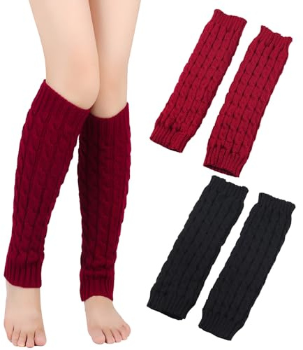 Lot de 2 paires de jambières longues tricotées pour femme - Jambières d'hiver pour enfants - Noir chaud - Chaudes - Longues jambières - Bordeaux - Crochet - Pour le ballet, le quotidien