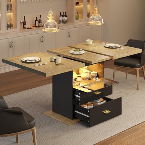 Ausziehbarer Esstisch, 110 x 80 x 75 cm Geeignet für Esszimmer, Küchen oder Terrassen Mit LED-Beleuchtung Esstisch aus Holz Ausziehbar auf 140 cm Platz für bis zu 6 Personen Tischplatte mit Holzmaser