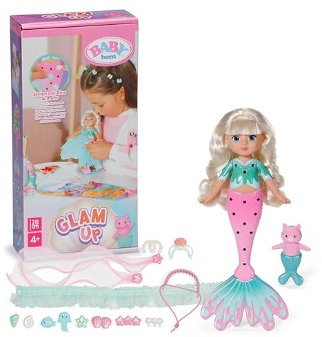 BABY Born Glam Up Sparkle Meerjungfrauenpuppe mit Styling-Zubehör | UV-Farbeffekt, Stoff-Accessoires, Haar-Pins, Tier-Freund