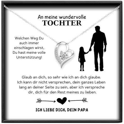 BYLITZ An meine Tochter Herz Kette von Mama oder Papa Doppelherz Halskette mit Zirkonia und persönlicher Karte mit Geschenk-Box zum Geburtstag Weihnachten