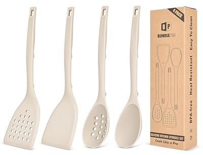 Packung von 4 Silikon Kochgeräte Set, Non-Stick-Festspalten und hitzebeständige Schlitzlöffel mit Rücken Haken, Ideale BPA-freie Küchenutensilien Set für Braten, Servieren, Drehen, Rühren(KHAKI)