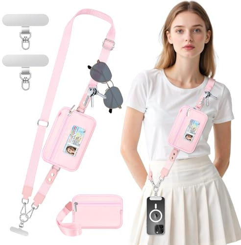 MoKo Mobiltelefonsnodd med RFID-plånbok, Clip and Go-rem och avtagbar plånbok med ID-fönster, justerbar rem för iPhone med flikar för telefon, roséguld