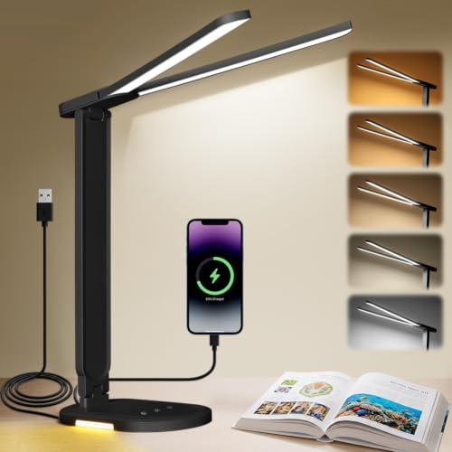 vsshe Lampe de Bureau LED Double Tête, Dimmable Lampe Bureau Lecture, 5 Couleurs et 9 Niveaux de Luminosité, Pliable Lampe de Chevet Avec Minuterie & Mémoire Recharge USB pour Enfants, Lecture (Noir)