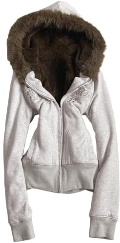 ORANDESIGNE Y2K Hoodie Damen Zip Up Winterjacke mit Fellkapuze Vintage Grunge Streetwear Kapuzenpullover mit Reißverschluss