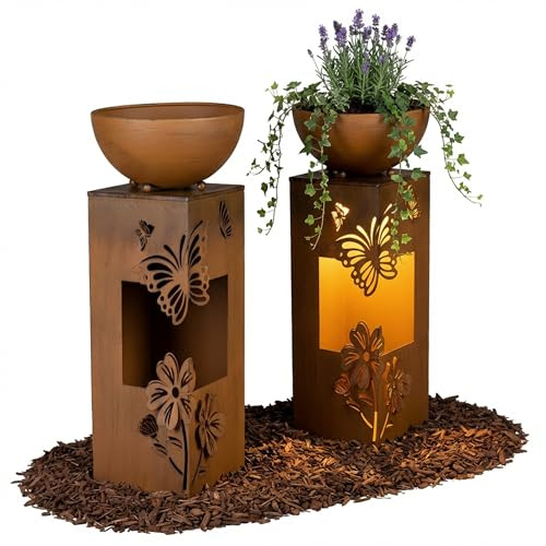 LED Dekosäule mit Pflanzschale – 59 cm Gartendeko rost – Gartendeko für Draußen mit Timer – Metallsäule mit LED Beleuchtung – Wetterfeste Garten Deko Draußen & Innen – Pflanzsäule für deko Haustür
