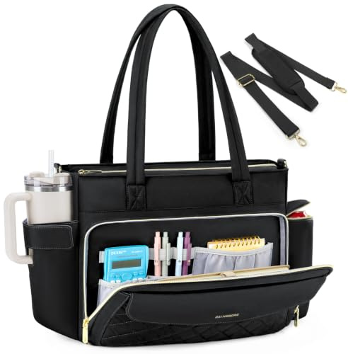 RAINSMORE Sac Ordinateur Femme Sac de Travail 15.6 Pouces, Noir | Sac de Professeur avec Poche Grand Porte-Gobelet, Imperméable, pour Bureau Université