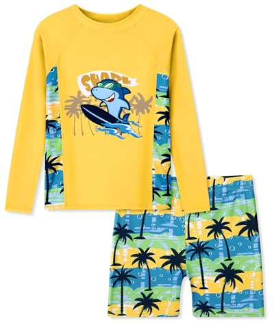ZOEREA UV Badeshirt Jungen Zweiteilig Langarm Set | Schwimmshirt und Badeshorts für Kinder | Schnelltrocknende UV Kleidung für Strand und Pool 9-10 Jahre