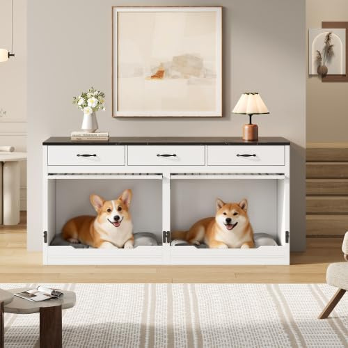 Hundekäfig XXL für 2 Hunde Holz Metall Möbel Hundebox mit Klappdeckel Abnehmbarer Trennwand und 3 Schubladen Weiß Holzoptik Innen Hundehütte 164x60x81 cm (Weiß+Schwarz)