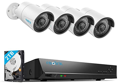 Reolink 5MP PoE Kit Videosorveglianza Esterno, 4K NVR 8CH 2TB + 4x 5MP Telecamera, Rilevamento di Uomo/Veicolo, Visione Notturna IR, Impermeabile IP67, Registrazione 24/7, RLK8-410B4-5MP (Bianco)
