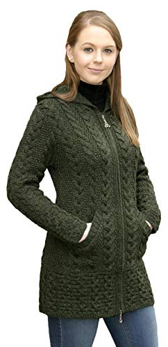 Aran Crafts Women's Irish Cable Knitted Hooded Zip Coat (100% Merino Wool)