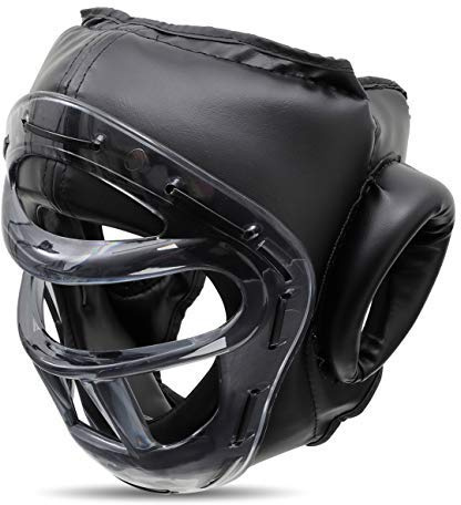 Krav Maga Schwarz das Gesicht Bedeckend Waffen Kopfschutz mit Klar Optisch Gitter - Schwarz, XL