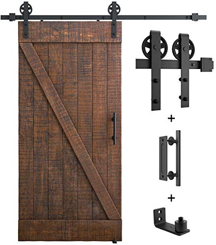 SMARTSTANDARD 6ft Heavy Duty Sliding Barn Door Hardware Kit, Black, (Whole Set Includes 1x Pull Handle Set & 1x Floor Guide) Fit 36 Wide Door Panel (Big Industrial Wheel Hangers)