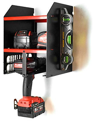 JBI MegaMaxx Red and Black Drill Driver Battery Tool - Wall Mountable Rack Shelving Storage Unit Charging Station for 2 Power Tool - Cabinet for Workshop Organiser (20x28.5x23 cm)