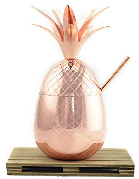 Hostelnovo - Original Copa de cóctel en Forma de piña con Pajita y con Posavasos de Madera Natural Envejecida - 900 ml - Ideal para Servir Todo Tipo de Bebidas