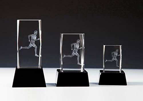 Henecka Leichtathletik-Pokal, Glastrophäe 3D-Lasermotiv Läufer, Kristallglas, schwarzer Glassockel, mit Wunschgravur, Größe 11 cm