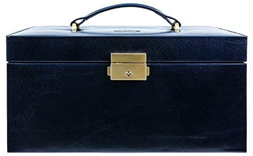 Time Resistance Boîte à bijoux | Organiseur de bijoux en cuir véritable | Boîte de rangement pour accessoires bleu marine avec serrure à clé pour femme (bleu)