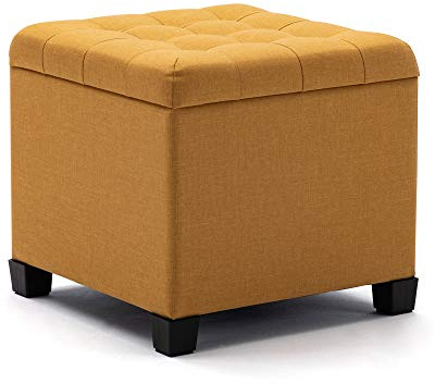 HNNHOME 45cm Cube Linen Storage Ottoman Footstool Pouffe (Yellow) | Removable lid design, Stores blankets and cushions, Comfortable padded seat, Extra seating for living room or bedroom