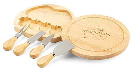 Bosajewel Planche à fromage en bois personnalisée, planche à fromage et couteaux, planche à charcuterie ronde, planche à découper à fromage, 220 x 36 mm, pour la fête des mères, un anniversaire de
